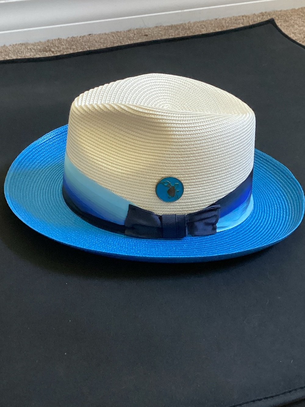 Stylish Blue & White Straw Fedora Hat